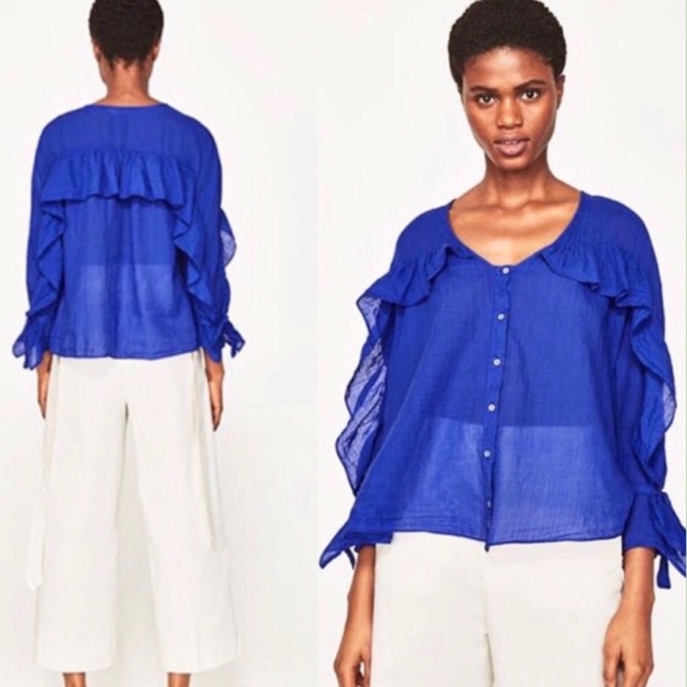 (3) Zara Bundle | Faux Suede Dress Blue Ruffle Top - Picture 9 of 14
